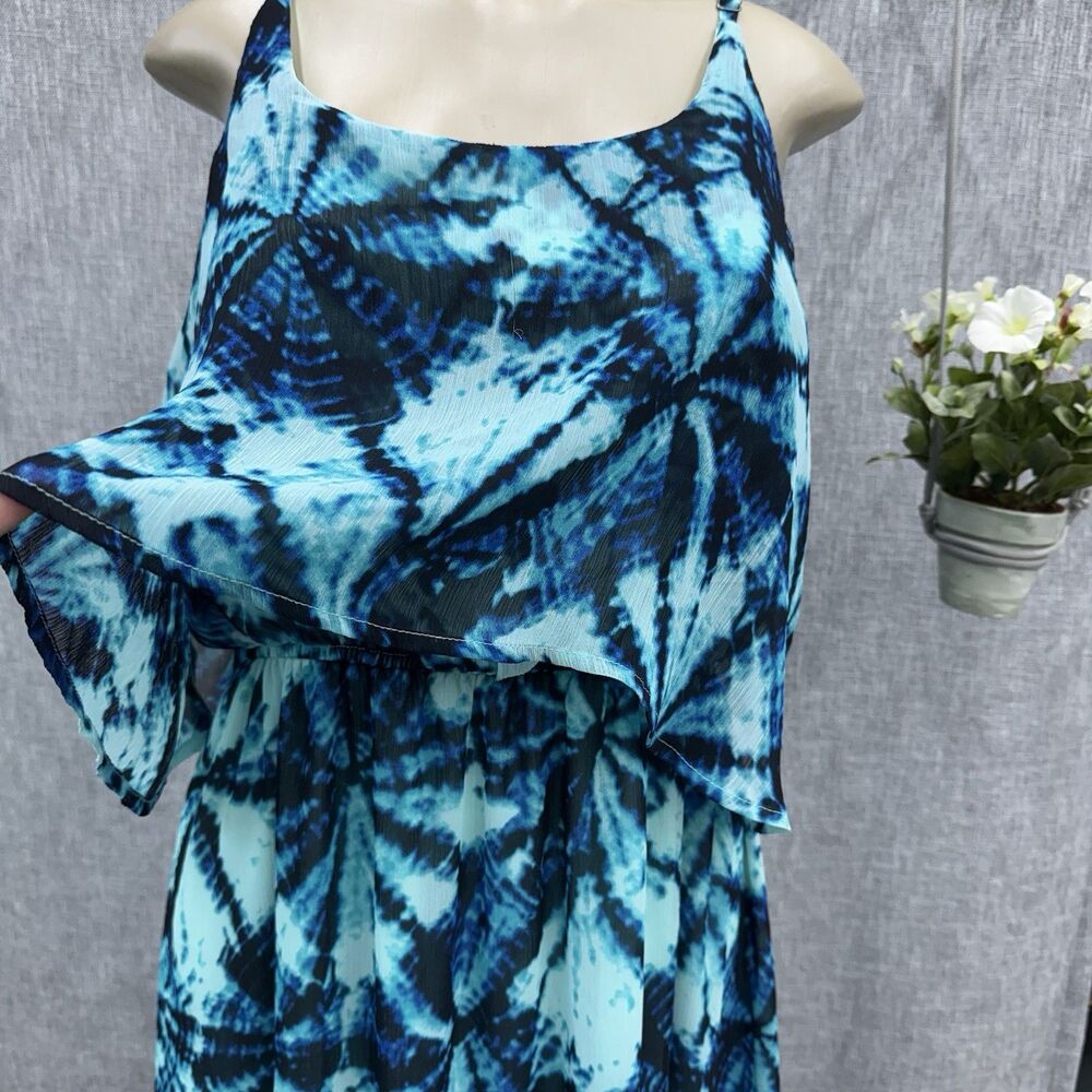Faded Glory XL Flounce Top Maxi Dress Blue Black Tropical 16-18 Tie Dye Boho - Picture 3 of 9